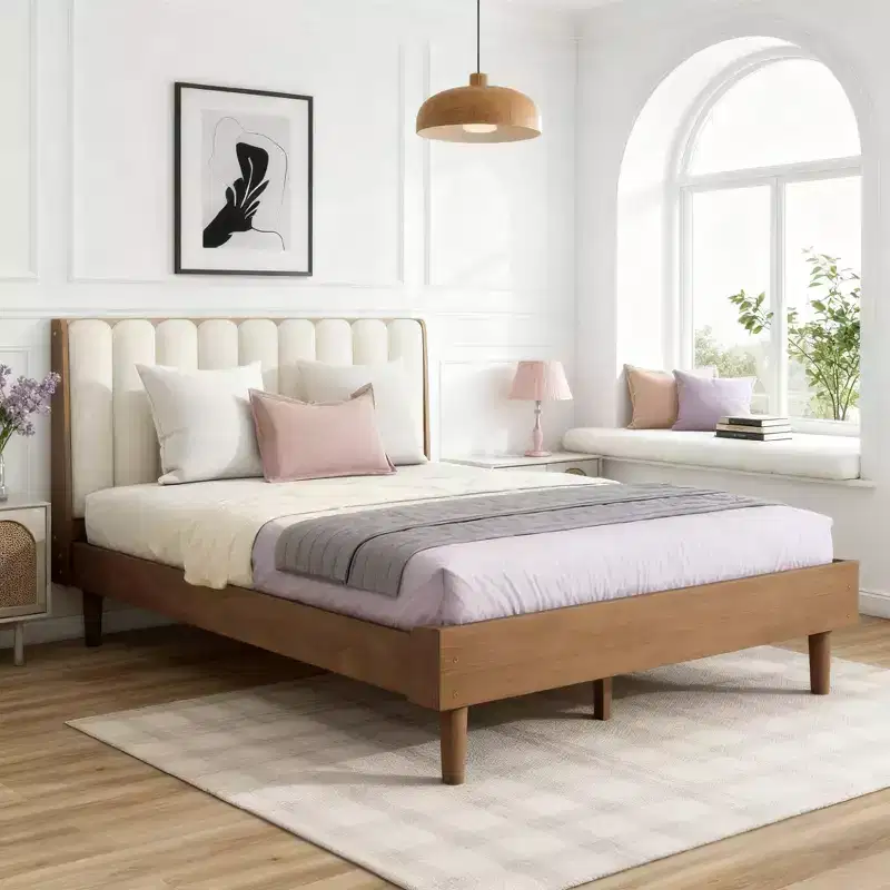 Queen Size Wood Bed with Piano Key Upholstered Headboard, Wheat