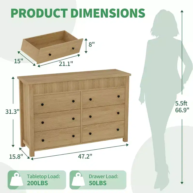 COZONY 6/7 Drawer Dresser, Wooden Chest of Drawers with Fluted Panels, Storage Organizer for Living Room Bedroom