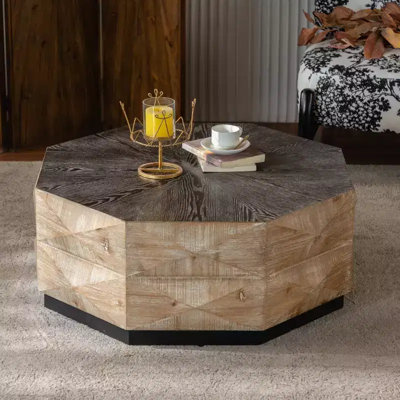 GDFStudio Jean Rustic 36 Octagon Embossed Pattern Wood Coffee Table