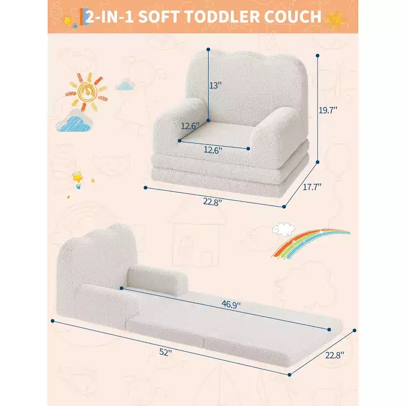 Kids Couch, 2-in-1 Convertible Teddy Fleece Fabric Toddler Sofa Chair, Soft Fold Out Couch Lounger for Kids, Comfy Sofa Bed