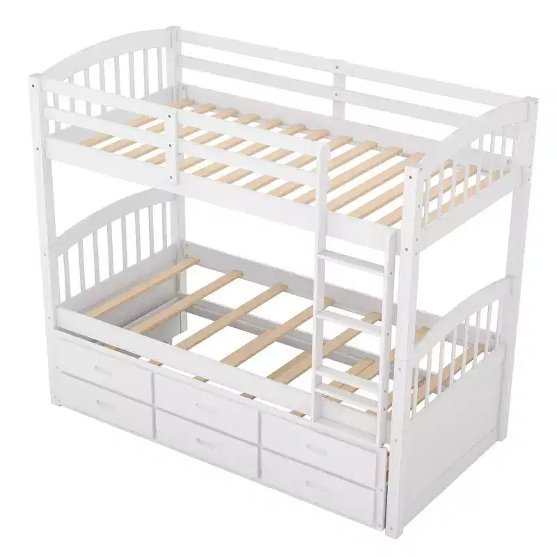 Wood Twin over Twin Bunk Bed with Ladder, Trundle & Drawers