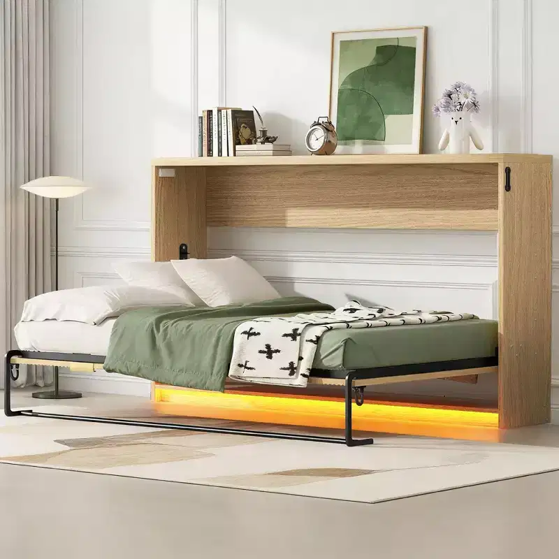 Twin XL Size Cabinet-style Murphy Bed with LED Light for Living Room and Apartment, Nature