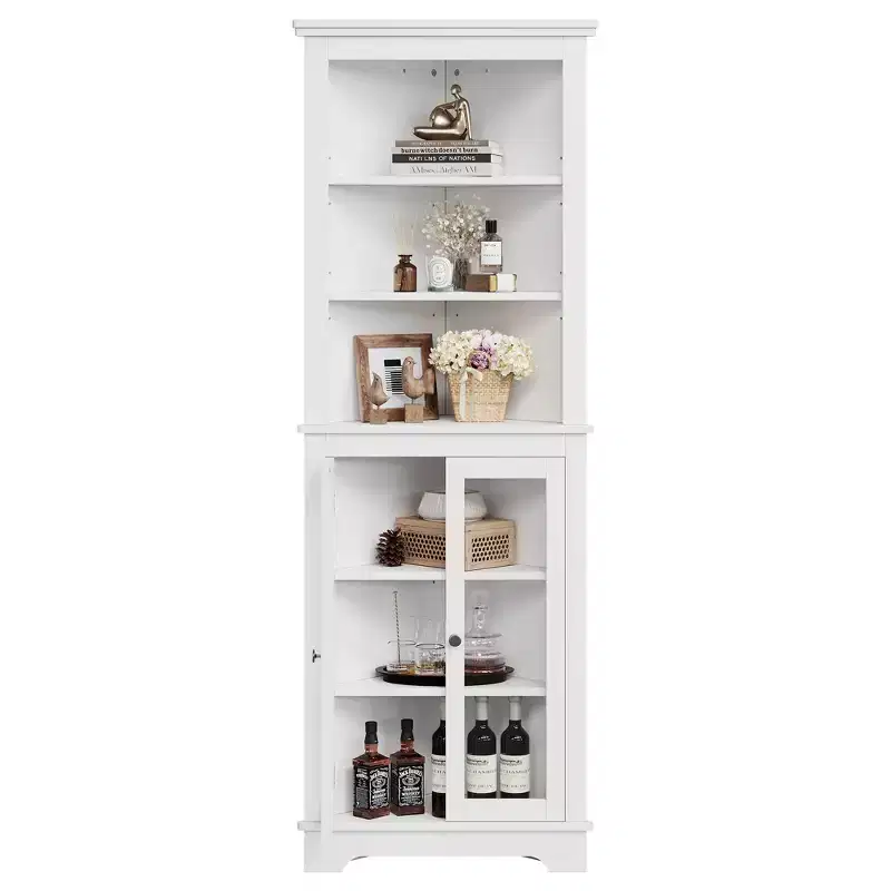 Glass-door bookshelf storage cabinet, 65 inches tall, with adjustable shelves, suitable for living rooms and bathrooms.