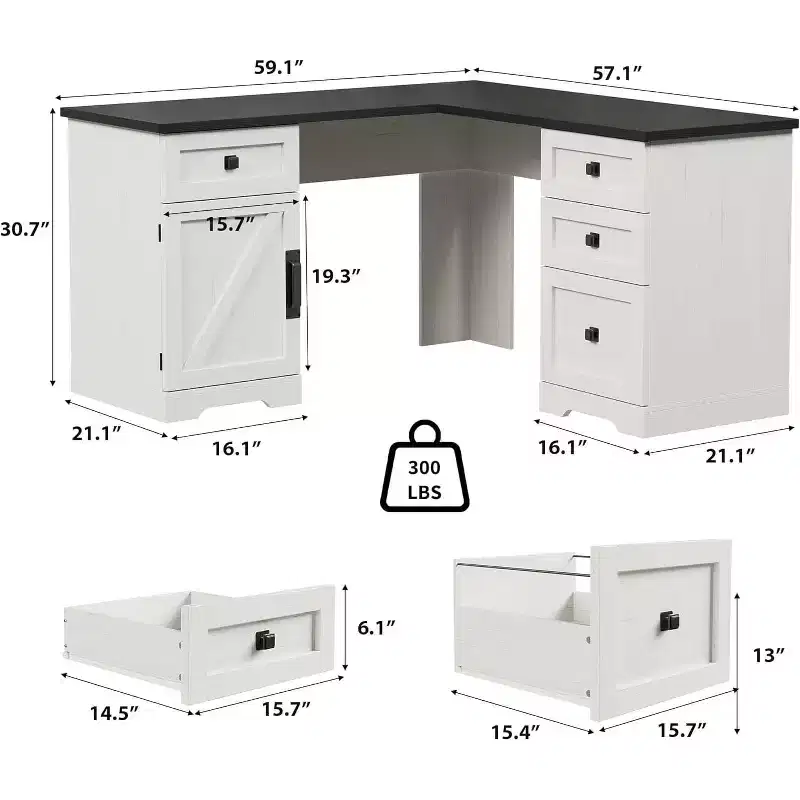 L-Shaped Executive Desk with File Drawers & Storage Cabinet