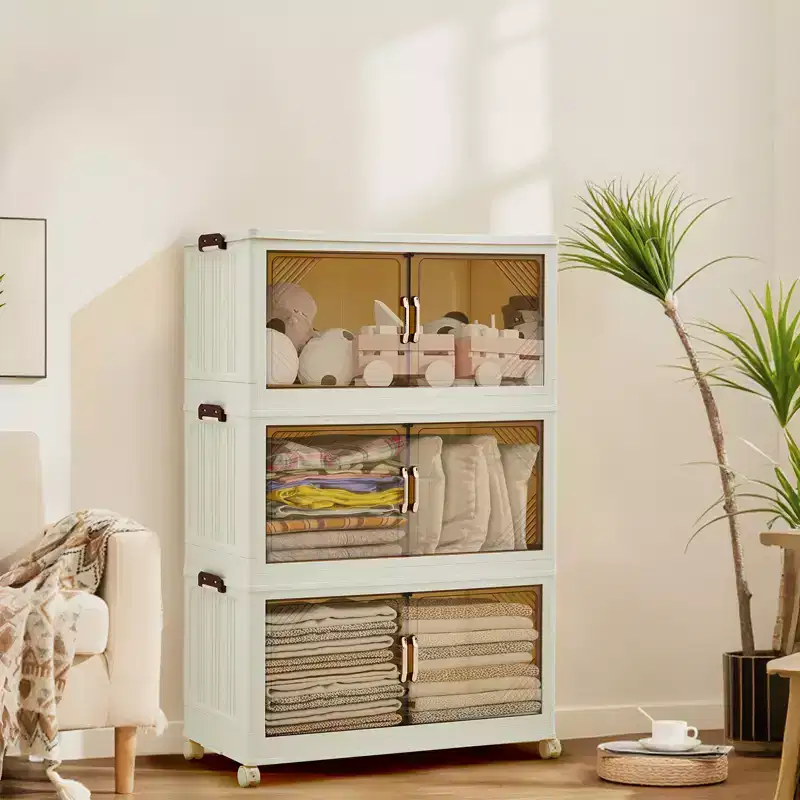 Compact Stackable Plastic Storage Bin with Lid, Collapsible Storage Drawer, Magnetic Doors, for Home, Office