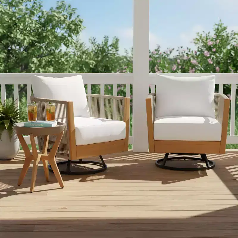 Christopher Knight Home Nguyen Modern 3 Piece Acacia Patio Swivel Chairs with Rope Design and Side Table Set