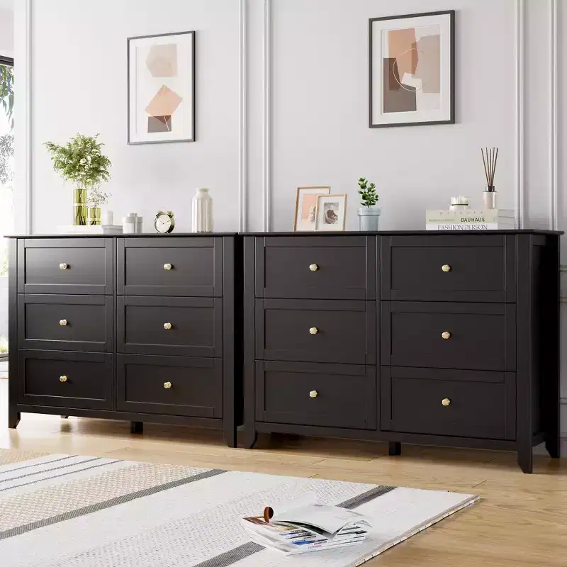Storage Drawers Unit 2pcs, 6 Chest of Drawer Dresser for 48 Inch TV, Modern Wood Organizer TV Stand for Living Room, Entryway, Hallway, Black