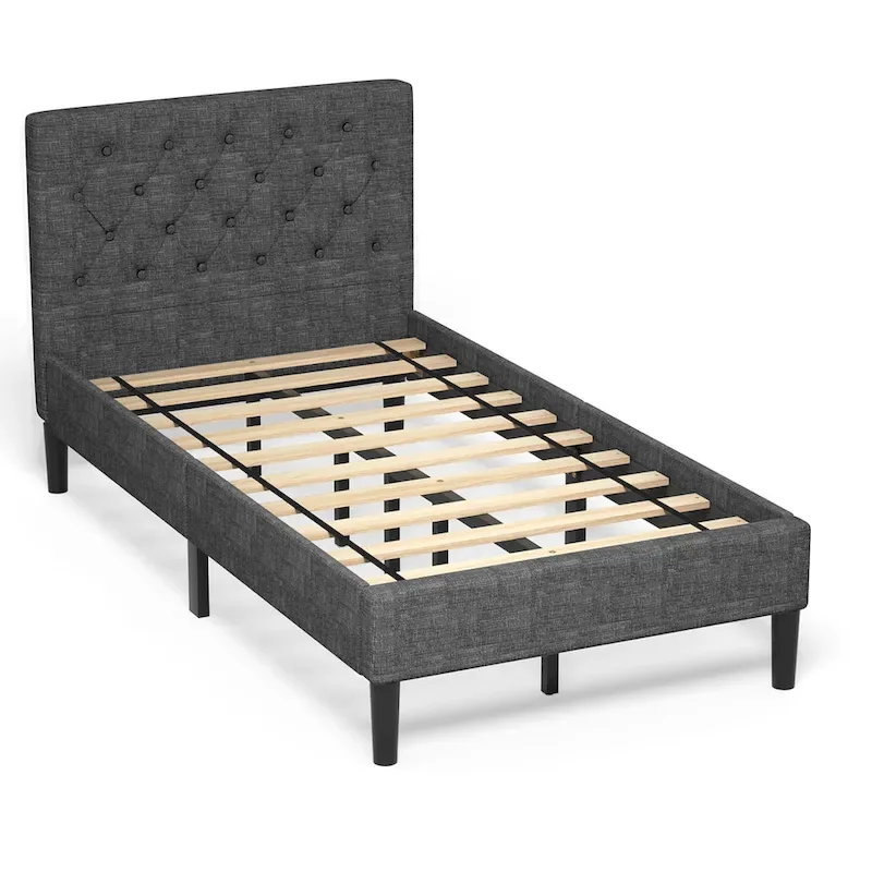 Twin Upholstered Bed Frame Diamond Stitched Headboard Wood