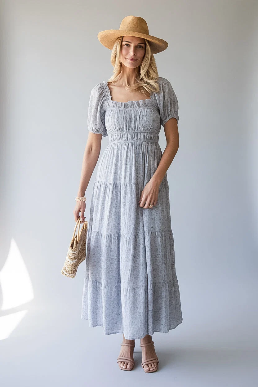 Light Blue Floral Smocked Puff Sleeve Maxi Dress
