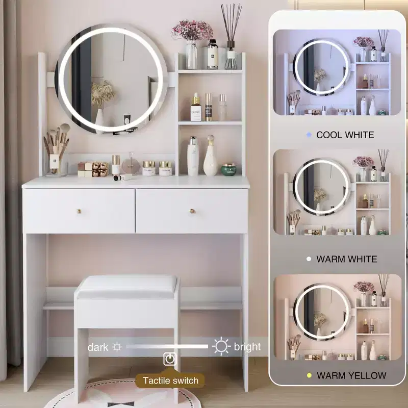 Vanity Desk with Mirror and Lights, Cushioned Stool SetThree Color Touch Switch ModeMulti-Layer Large-Capacity StorageSuitable for Small Spaces