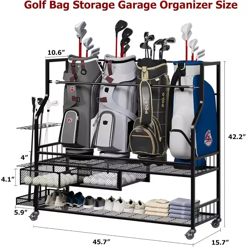 COZONY Golf Bag Storage Garage Organizer, Holds 4 Golf Bags, Clubs & Accessories, with 4 Wheels, Drawers for Shoes & Equipment  Ideal for Garage