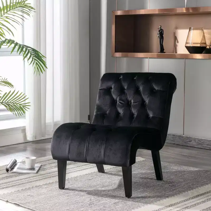Modern Velvet Armless Accent Living Room Chair / Leisure Chair,Upholstered Fabric Button Comfortable Chair with Wooden Legs for Bedroom