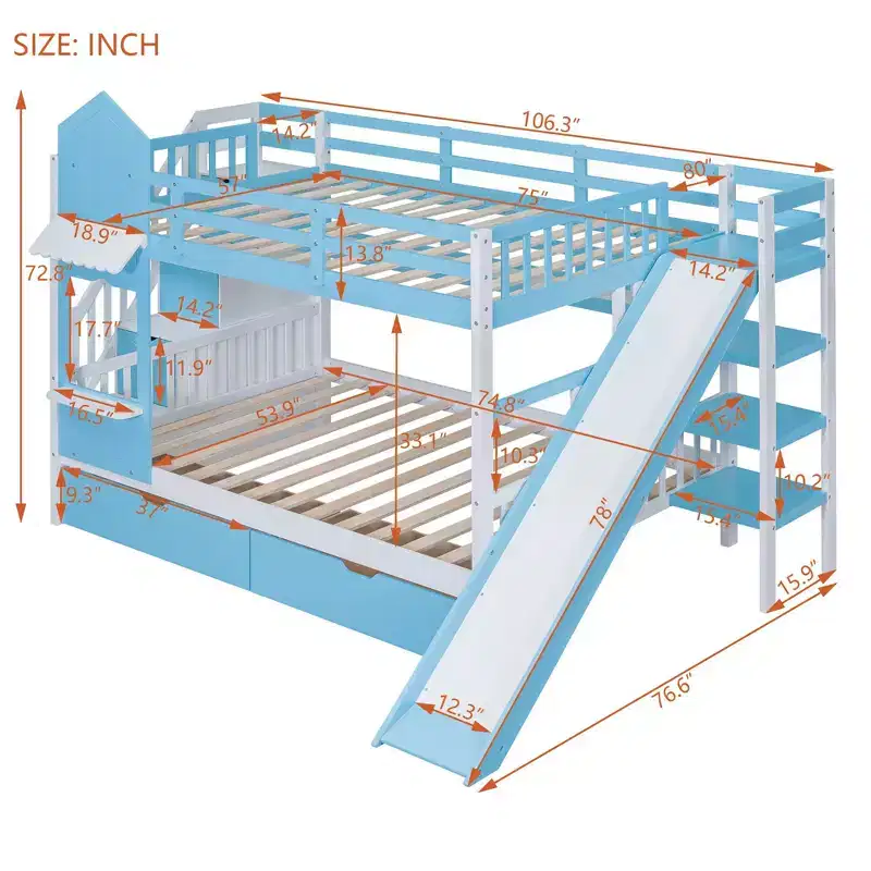 Full-Over-Full Bunk Bed with 2 Drawers 3 Shelves and Slide - Blue