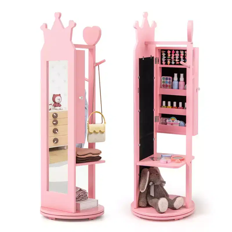 Costway Kids Jewelry Cabinet Standing Children Jewelry Organizer w/ Full-Length Mirror