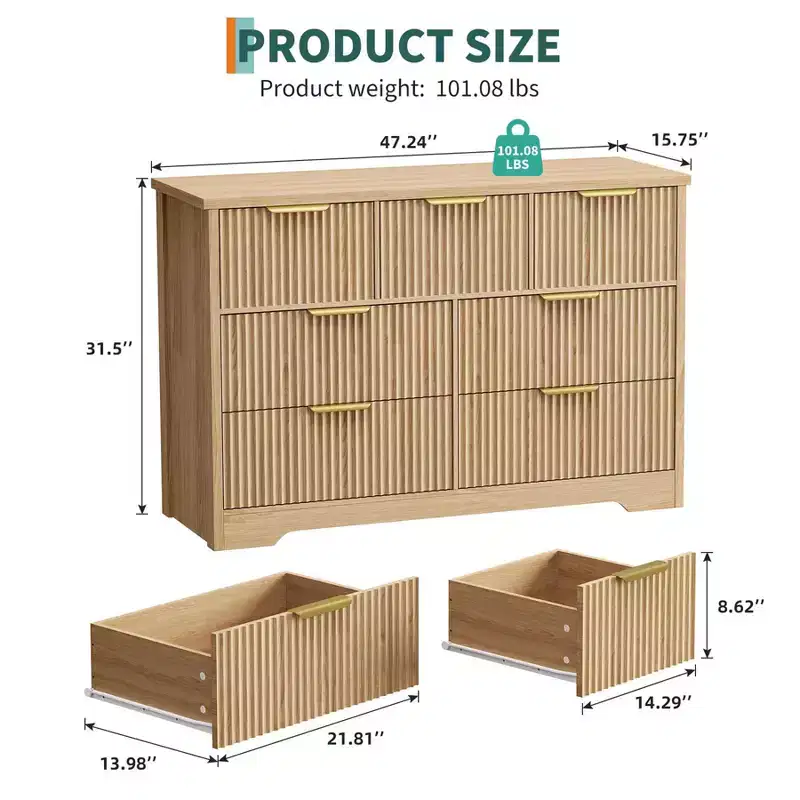 Zstar Modern Fluted Dresser for Bedroom, 7 Drawer Storage Cabinet with Metal Handel