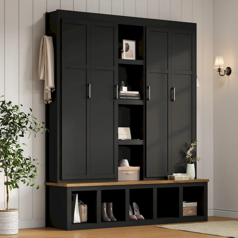 Black / White / Blue Farmhouse Hall Tree with Shoe Cabinet, Bench, Hooks and Open Shelves for 1–2 Person