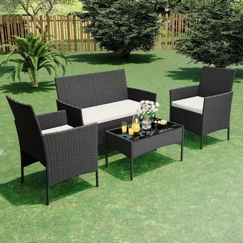 4 Piece Patio Furniture Set, Outdoor Deck Rattan Chair Wicker Combo Furniture, All Weather Dialogue Rattan Sofa with Upholstery and Glass Table