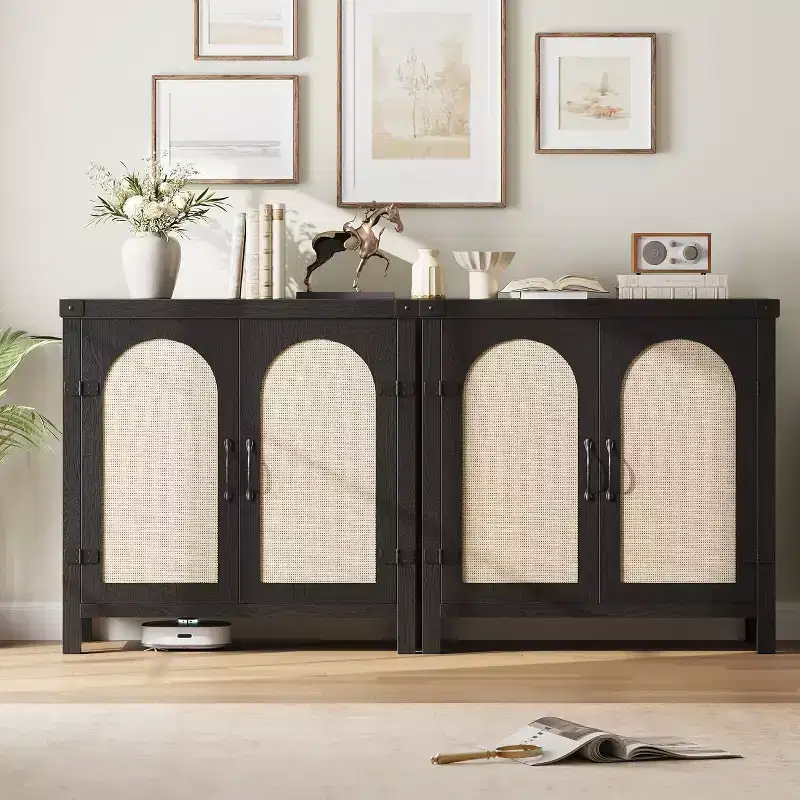 Rattan Buffet Cabinet with Storage, Sideboard with Synthetic Rattan-Accent Doors, Adjustable Shelves for Living Room Dining Room Hallway, Black