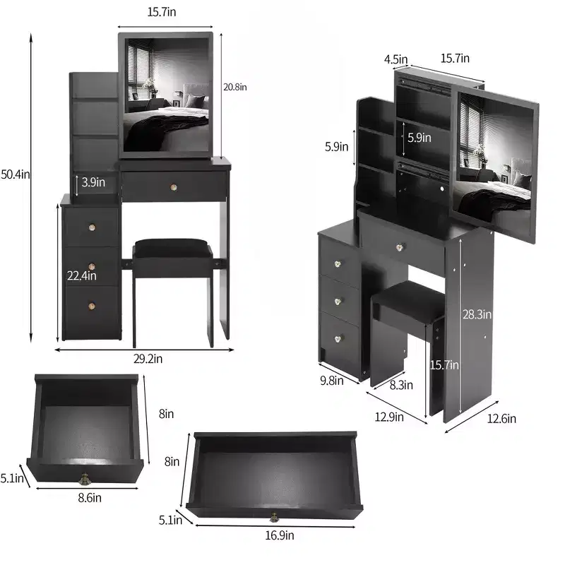 Okak Vanity Table and Chair Set, 29.2 Small Left Bedside Cabinet Vanity Table with Extra Large Touch Control Sliding LED Mirror, Black