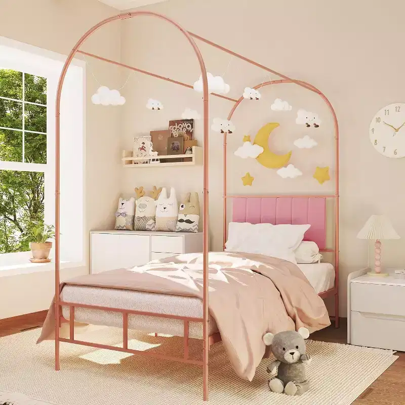 Twin Size Canopy Bed Frame with Upholstered Headboard, Metal Platform Kids Bed, Strong Slats, No Box Spring Needed