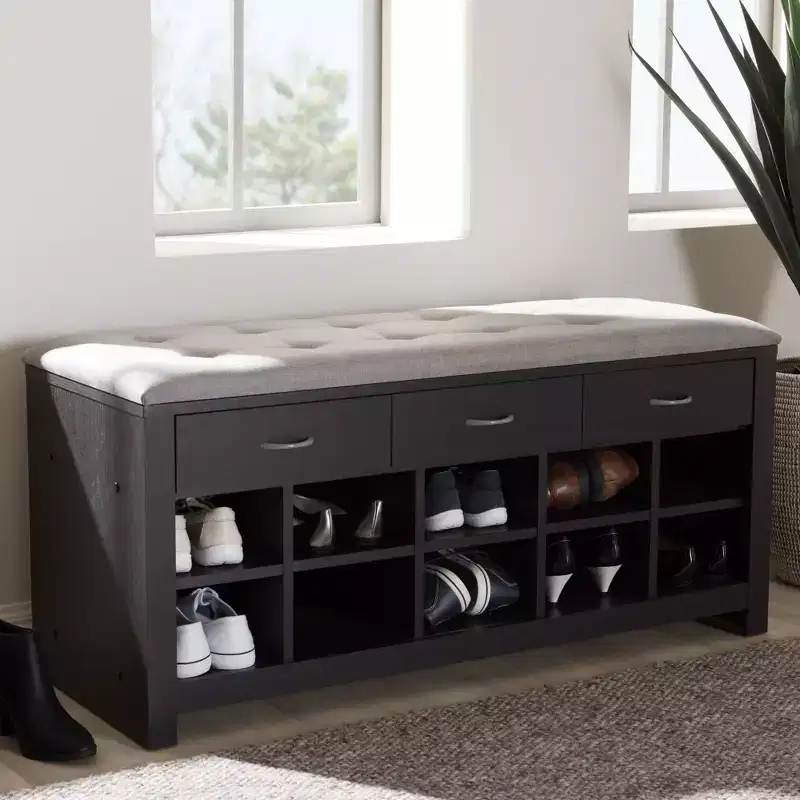 Modern and Contemporary Espresso Finished Fabric Upholstered Cushioned Entryway Bench, Light Gray / Dark Brown