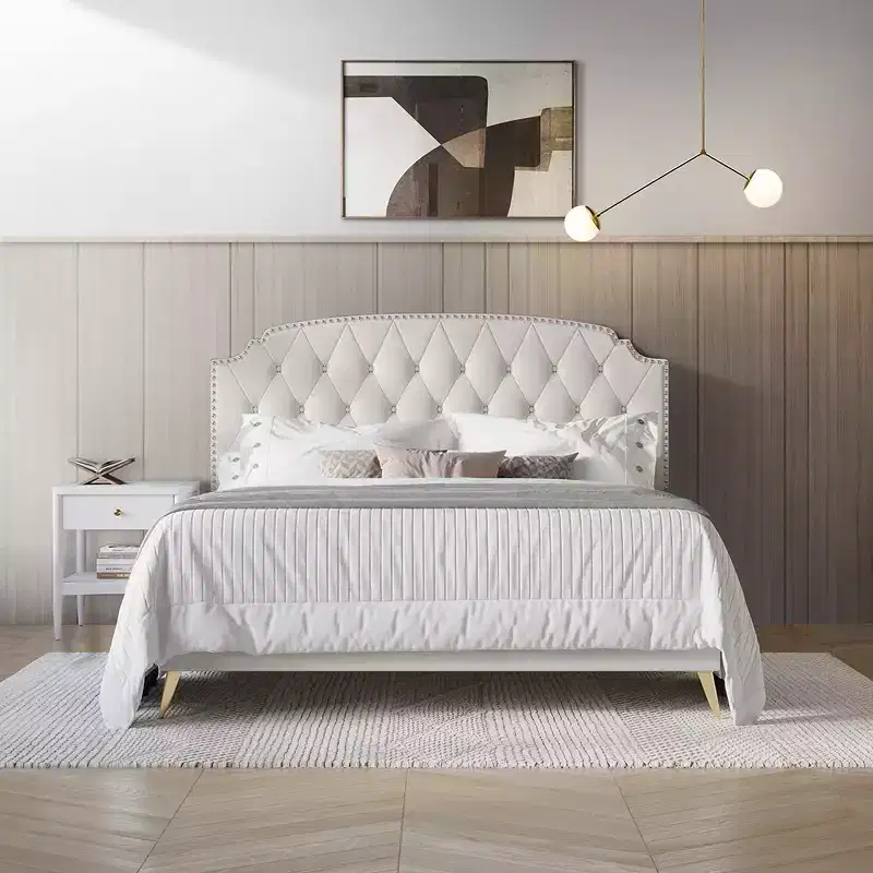 Twin Size Upholstered Platform Bed with Button-Tufted Headboard and Nailhead Trim