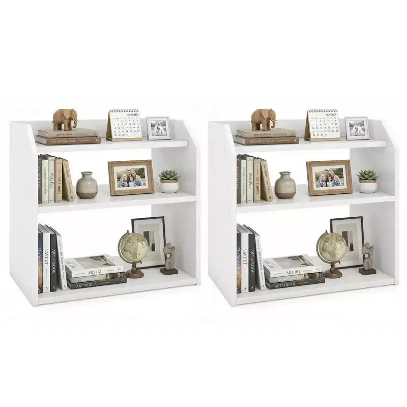 2PCS-3-Tier Desktop Bookshelf w/Raised Top Guardrails Space-Saving Display Shelf