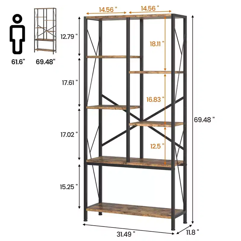 5-Tier Rustic Brown Bookshelf C 80CM, Vintage Finish, Staggered Metal Frame C Open Shelf Storage for Living Room/Bedroom/Office (1-Pack)