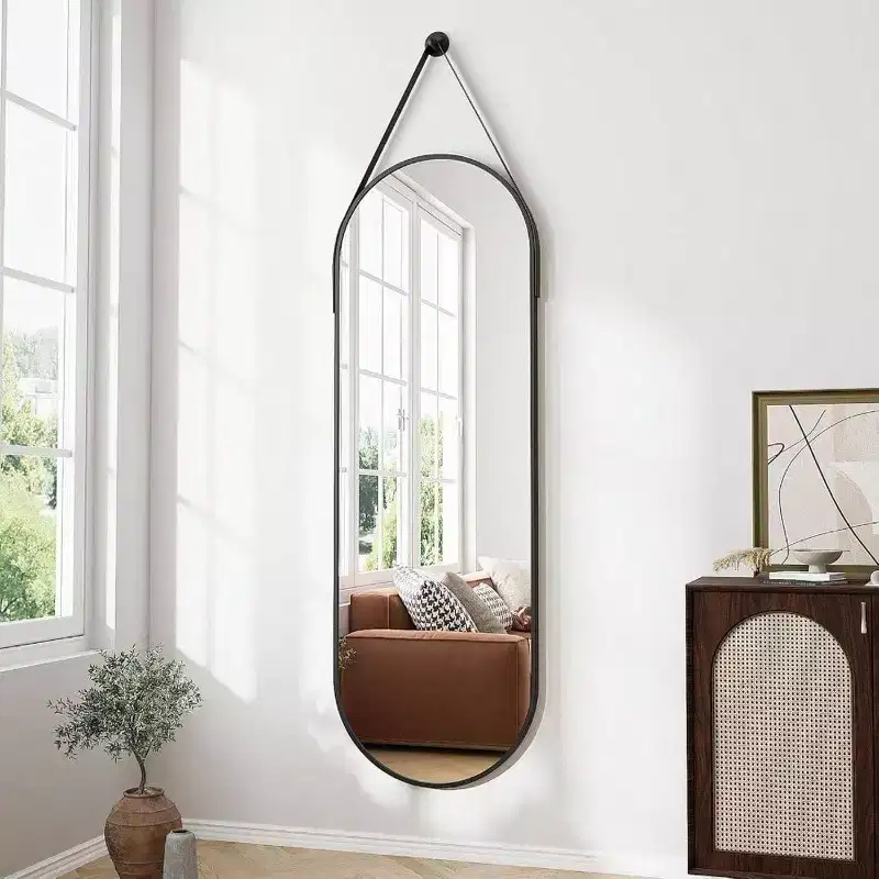 Oval Full Length Mirror (48x16) - Black Aluminum Frame & Leather Strap. For Bathroom, Living Room, Entryway Decor