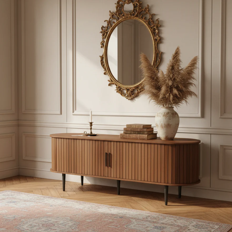 Modern Oval Walnut TV Stand with Fluted Doors and Storage Cabinets for Living Room, Walnut