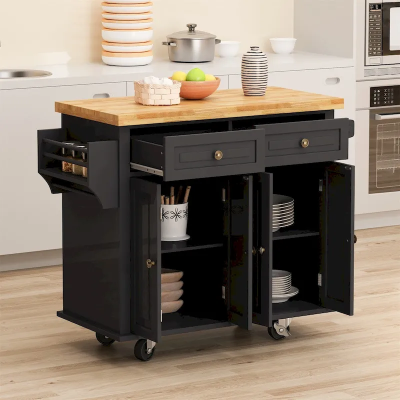 MDF Kitchen Cart with 4-Door and 2-Drawers, Spice Rack, Towel Rack