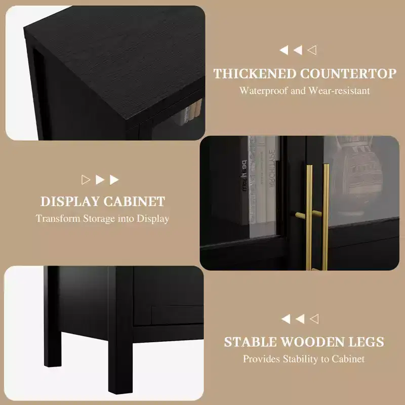 Black / Grey / Wood Color Buffet Sideboard Cabinet with Glass Doors, 4-Door, 1-Person Assembly
