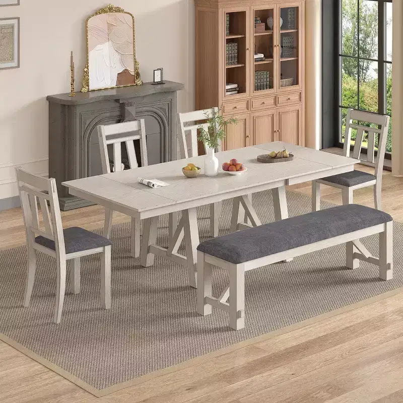 VECELO Rustic 6-Piece Extendable Dining Table Set, Rubber Wood Table with 4 Armless Upholstered Dining Chairs and Bench for Kitchen, Gray