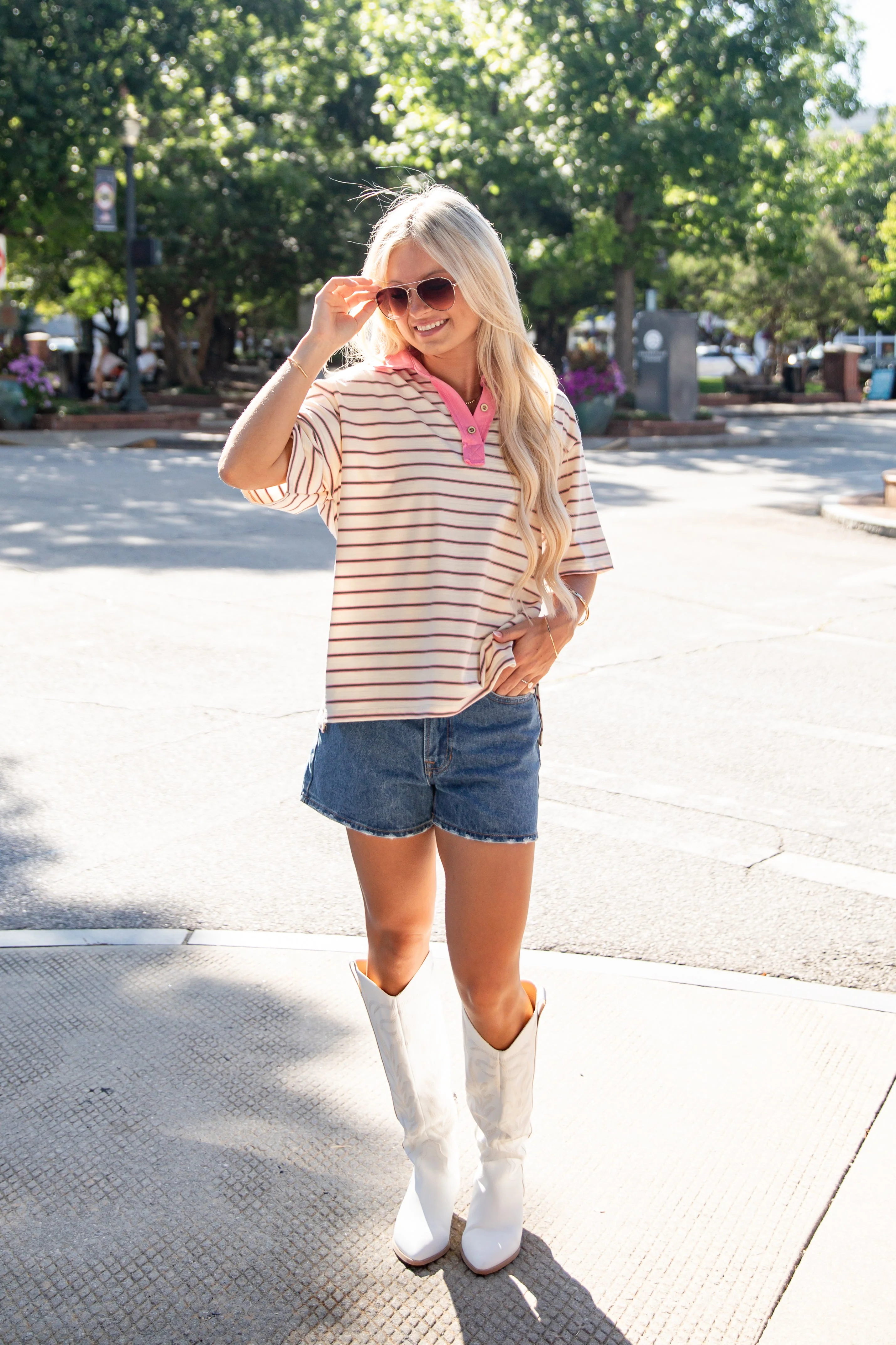 Stripe Collared Button Front Relaxed Top