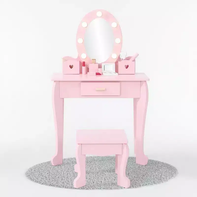 GustoWave Kids Vanity with Mirror and Stool, Girls Vanity with Touch Light and Wood Makeup Playset, Princess Vanity Table for Toddlers
