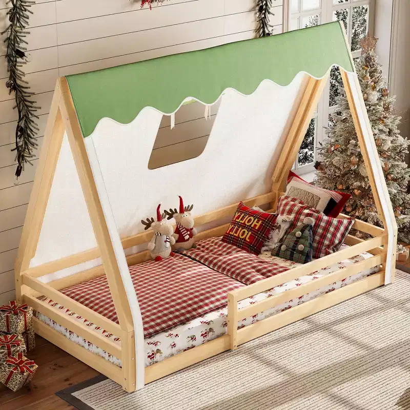 Natural/White+Pink House-Shaped Floor Canopy Bed with Tent & Light, Solid Wood, Twin/Full, 1-Person