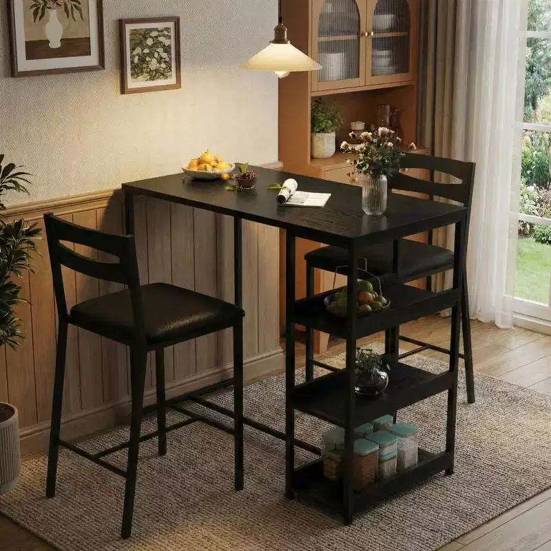 Kitchen Table Set with Storage Shelves & 2 Upholstered Chairs - Iron and Wood Dining Table for Small Spaces, Apartments, Condos