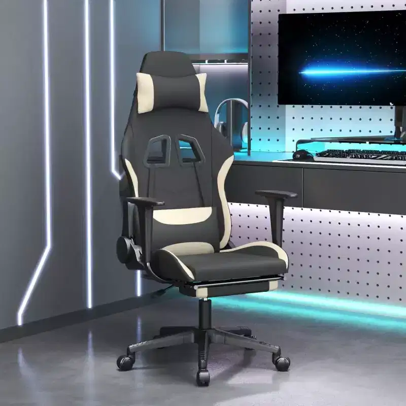 Massage Gaming Chair with Footrest - Black and Cream Fabric