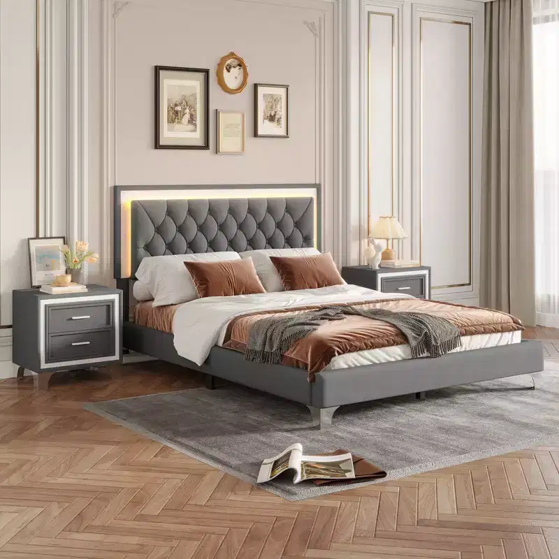 Whisen 3-Pieces Sets, Queen Size Upholstered Platform Bed and Two Nightstands