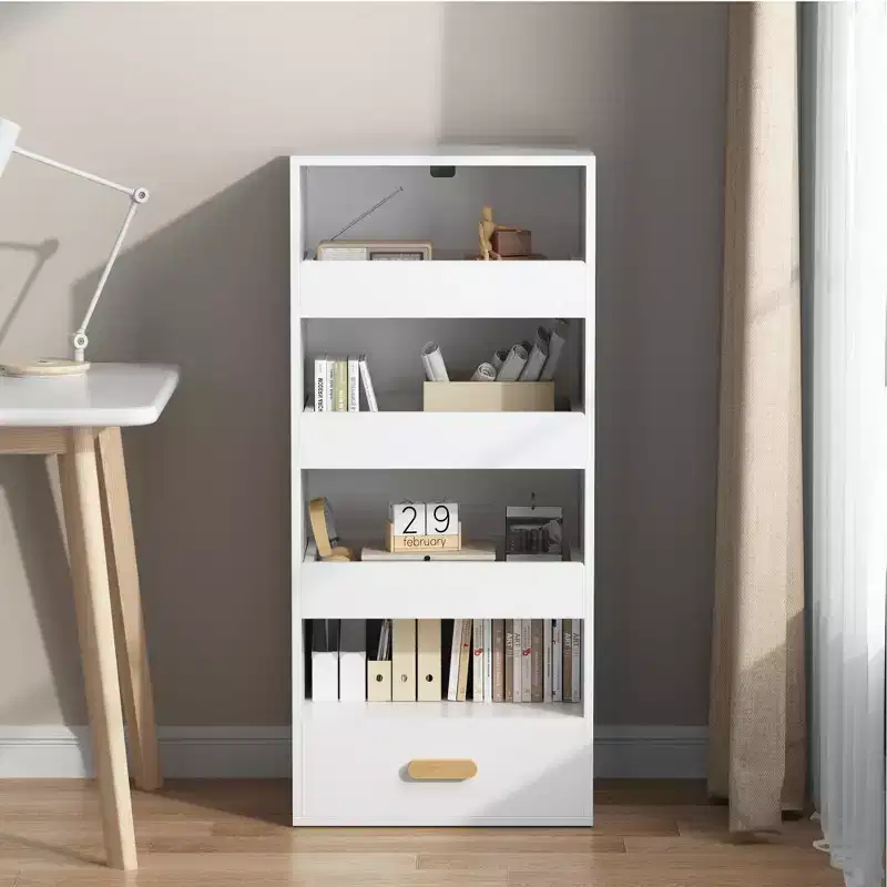 4-Tier Freestanding Bookshelf with Sliding Drawers