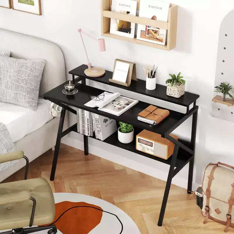 Home Office Desk with Monitor Stand, Open Shelf & Metal Frame, Earphone Hook White/Brown/Black/Pink
