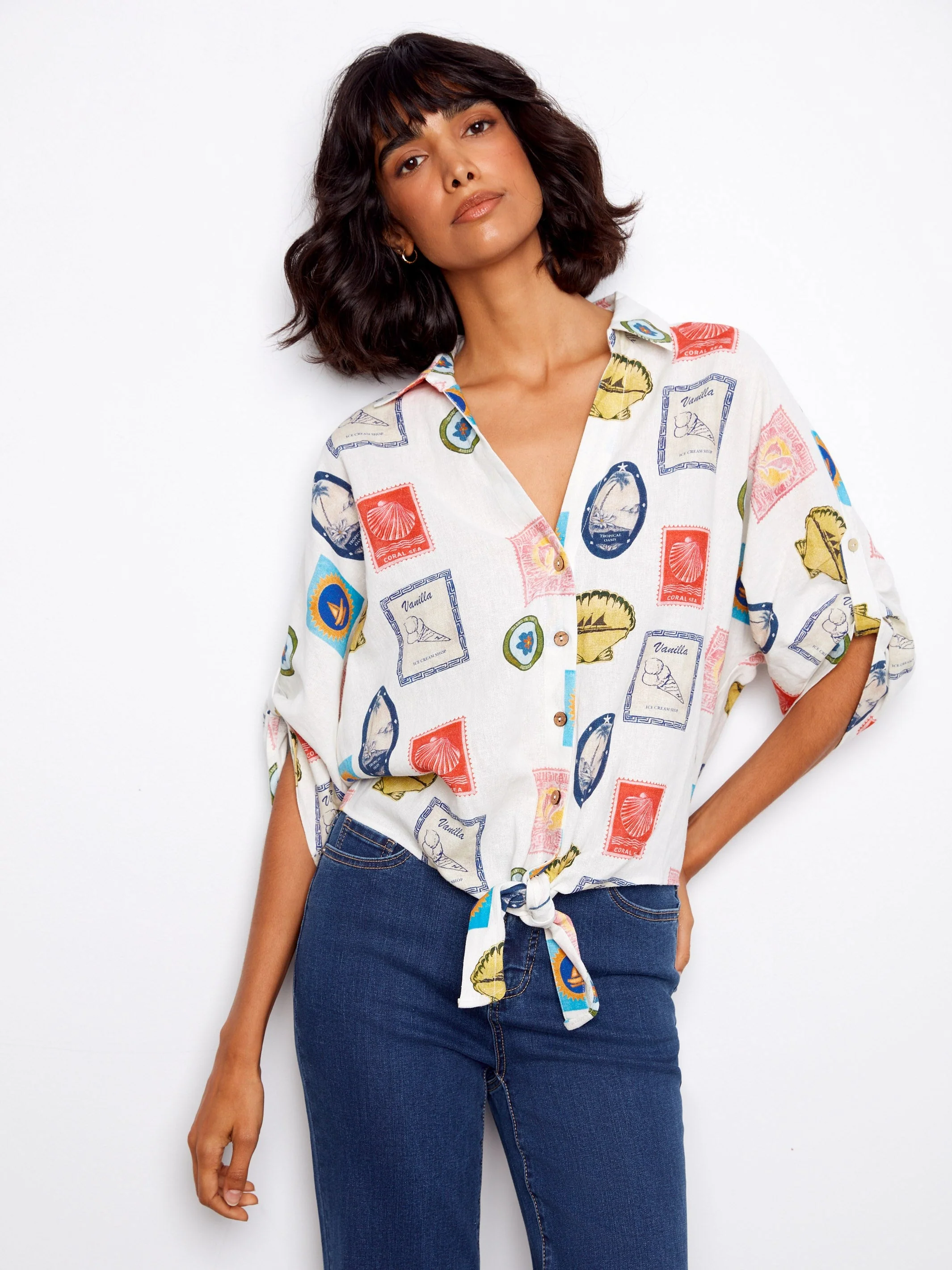 Printed Linen Blend Front-Tie Blouse - Graphic Print