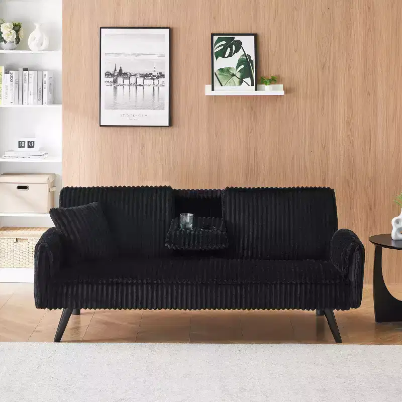 Minimalist Sofa Couches for Living Room Convertible Loveseat Sofa Bed Straight-line Corduroy with Adjustable Backrest & Cup Holder