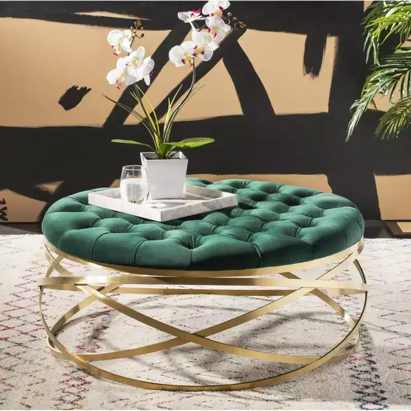 Rumi Tufted Velvet Ottoman - SFV4706 - Emerald/Gold - Safavieh Couture