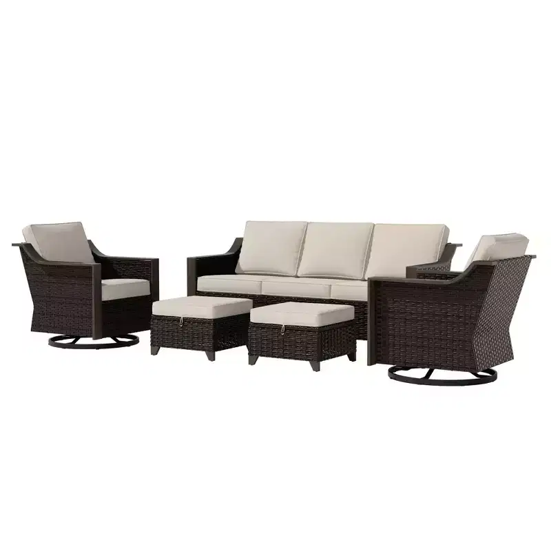 UPTIOT Outdoor Patio Set with 3-Seat Sofa, 2 Swivel Chairs, and 2 Ottomans