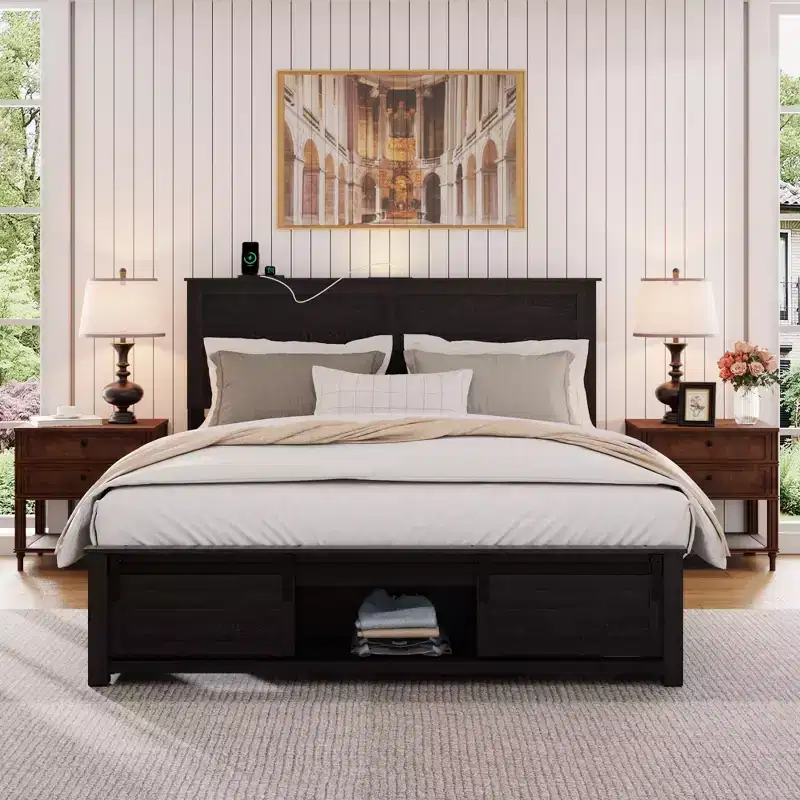 Queen/Full Size Platform Bed Frame with Storage Cabinet & Charging Station, Farmhouse Wood Slats Design, Master Bedroom Bed