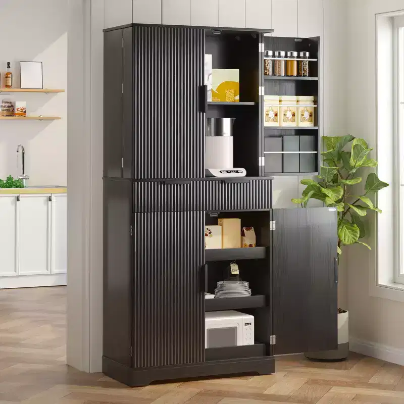 72 Tall Fluted Pantry Storage Cabinet Modern Minimalist Freestanding Wood Organizer Cabinet with Drawer, Door Rack, Pull Out Tray