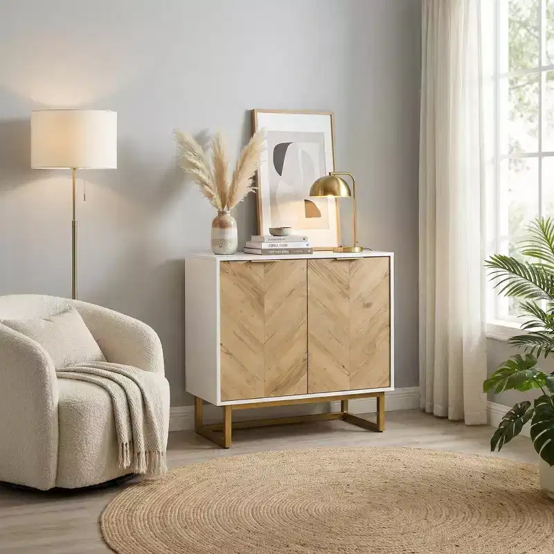 Modern Sideboard Cabinet with Chevron Doors, 2-Door Storage Console with Metal Base, Accent Storage for Dining Room, Living Room, Entryway