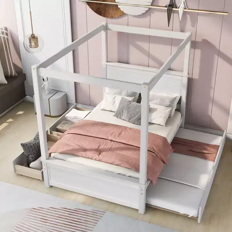 Wood Canopy Bed with Trundle Bed and two Drawers ,Full Size Canopy Platform bed With Support Slats .No Box Spring Needed Brushed White