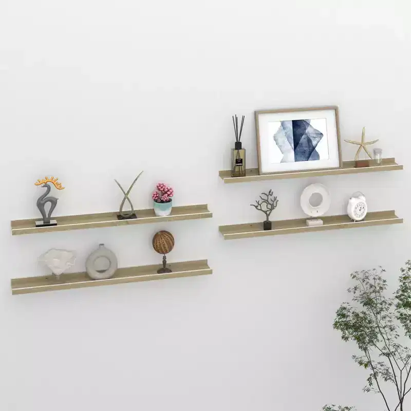 Wall Shelf Set of 4 White and Sonoma Oak MDF Medium